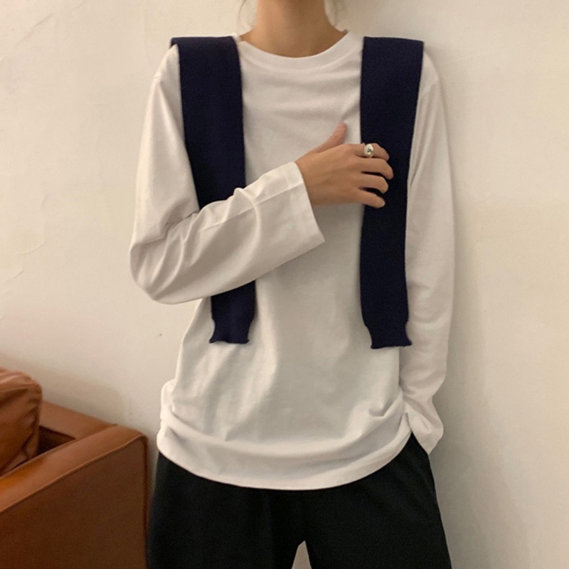 Áo Thun Nữ Dài Tay Cổ Tròn Màu Trắng Đen Đơn Giản