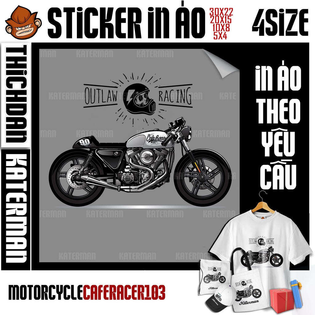 Sticker hình in nhiệt áo thun, ủi nhiệt áo phông hình xe moto Classic bike, xe cổ điển Cafe Racer, độ màu đen trắng 103