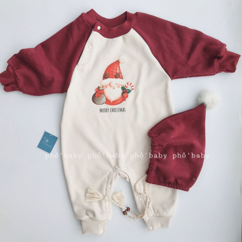 bộ liền thân tay ranglan đỏ nỉ bông Giang sinh (chưa mũ)