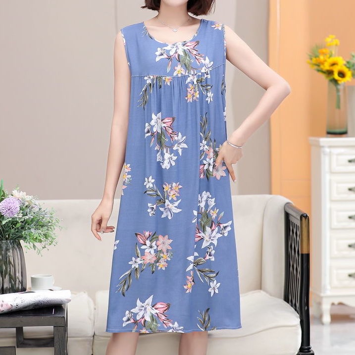 Đầm Ngủ Cotton Lụa Không Tay Dài Qua Gối Dáng Rộng Thời Trang Mùa Hè Phong Cách Mới Cho Nữ