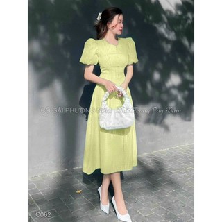 [New Sales 2024] Đầm thời trang nữ mặc đi chơi chất xô 2 lớp ô vuông đính nút tay phồng ngắn dáng dài