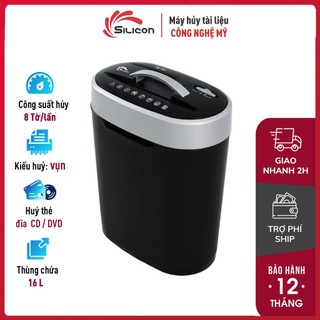 Máy huỷ tài liệu mini cắt giấy tự động 8 tờ/lần nhập khẩu Silicon PS-508M- Huỷ đinh kẹp, Huỷ cards, huỷ CD/ DVD
