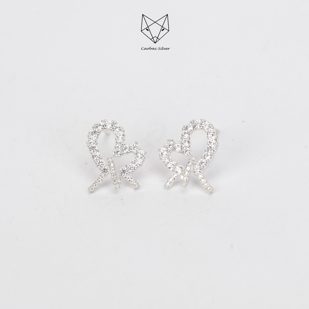 Khuyên Tai Bạc Ta Nữ CaoBac Silver Hình Nơ Đính Đá Cạnh Xoắn Thiết Kế Lạ Mắt , Lấp Lánh  Xinh Xắn Cho Bạn Bạn Gái