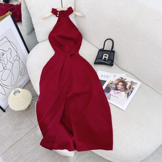 ĐẦM MIDI ĐỎ CỔ YẾM ĐÍNH NÚT TÀ XẺ