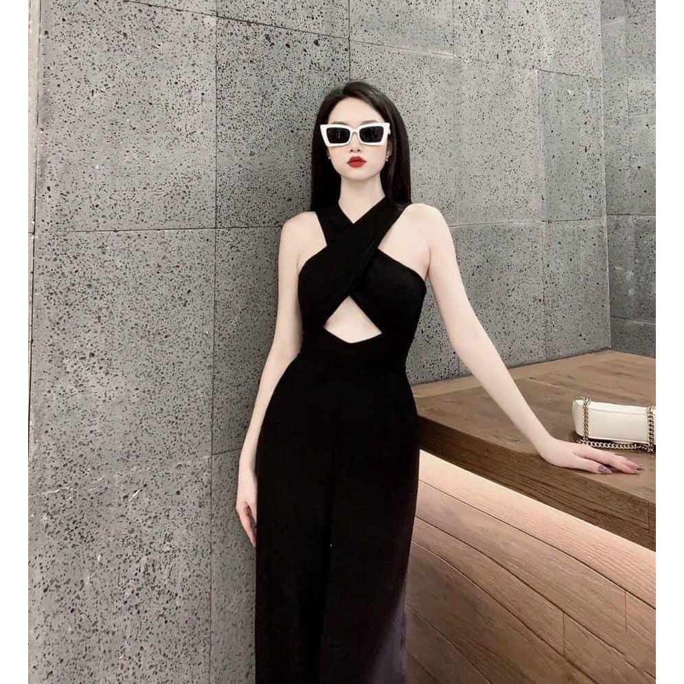 [HCM] Jumpsuits Quần Ống Rộng Có Túi Phối Cổ Yếm Hở Bụng (có mút ngực) Thời Trang Nữ Sam Closet Free Size 40-55kg | BigBuy360 - bigbuy360.vn