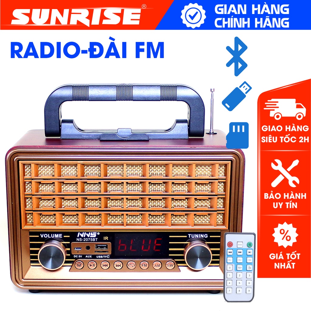 Radio nghe nhạc Bluetooth vỏ gỗ sang trọng, Loa đài FM NS-2075BT bắt sóng cực khỏe - SUNRISE