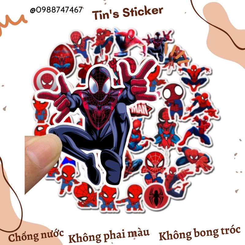 Set combo 35 miếng dán sticker Spider Man người nhện chống thấm nước dán nón mũ bảo hiểm laptop xe máy đàn guitar sổ
