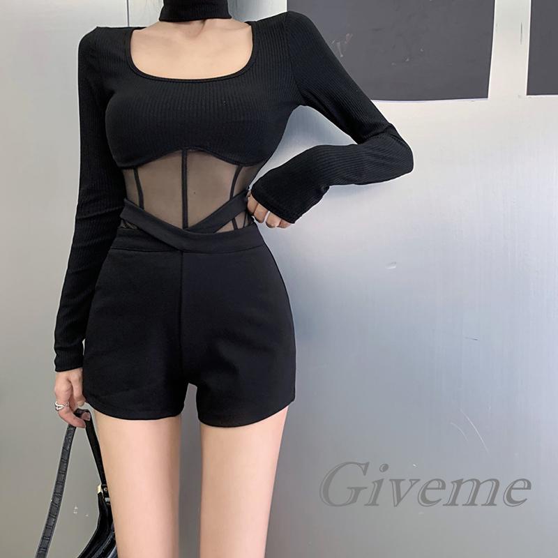 Áo Sơ Mi Tay Dài Cổ Vuông Màu Trơn Phối Lưới Thời Trang Đường Phố Cho Nữ