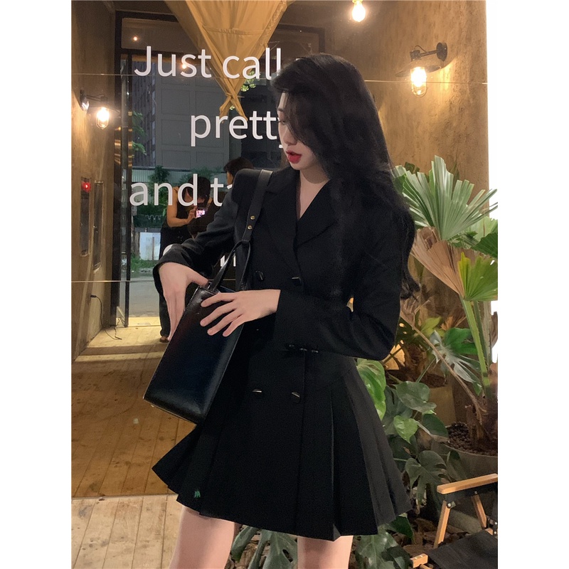 Đầm Váy Đen Trơn Nữ Thiết Kế Xếp Ly Xòe Nhẹ Nhấn Eo Kiểu Vest Phong Cách Đơn Giản Sang Trọng Tôn Dáng Hàng Quảng Châu