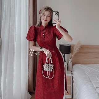 Set Áo Dài gấm hoa nổi cổ tàu cài cúc ngọc siêu xinh