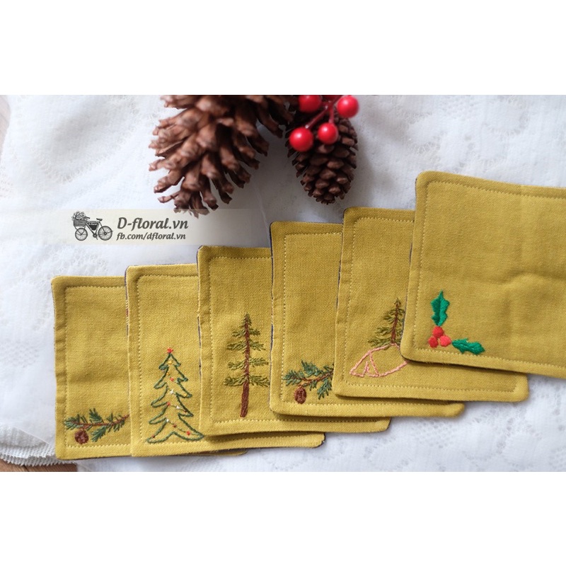 Set thêu lót ly XMas -  Quà tặng giáng sinh, Lót ly thêu tay linen giáng sinh