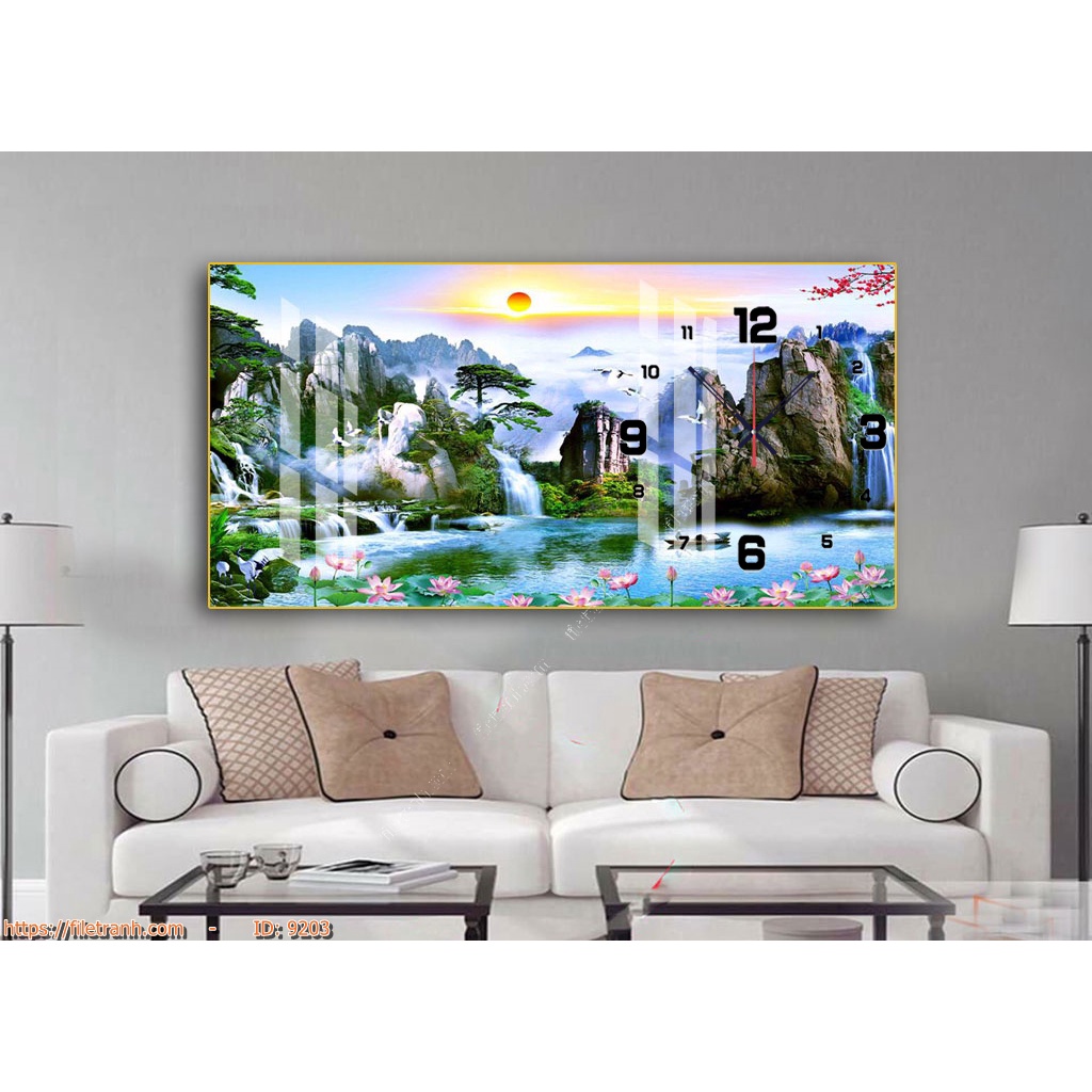 Tranh Đồng Hồ Cảnh Thác Nước Hùng Vĩ Tuyệt Đẹp - Đồng Hồ Tráng Gương Treo Tường
