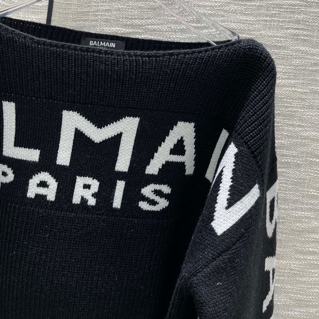Balmain French hot girl temperament slimming sexy all-match 2022 autumn new one-character shoulder letter jacquard pullover sweater