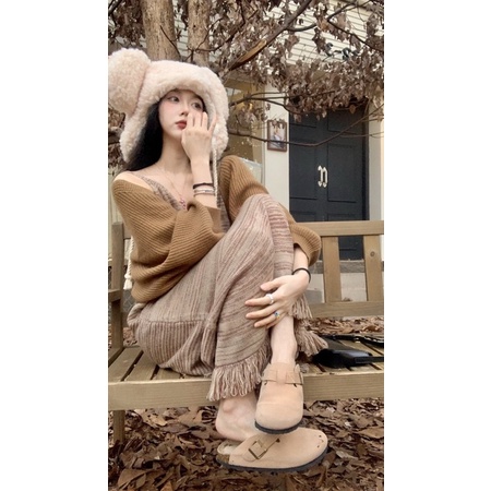 Váy Len Sọc Nâu Tua Rua Dáng Dài Vintage