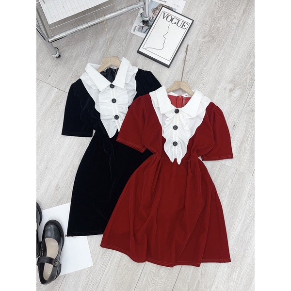 [ 𝐅𝐑𝐄𝐄 𝐒𝐇𝐈𝐏 ] Váy nhung cổ bèo tay bồng về hàng siêu xinh Chất nhung cứng loại 1 dày đẹp Hàng kỹ