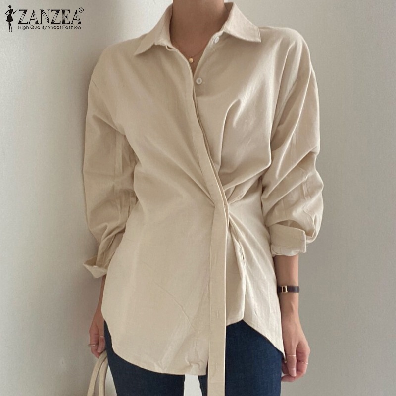 Áo sơ mi nữ ZANZEA tay dài cổ bẻ màu trơn đơn giản thời trang