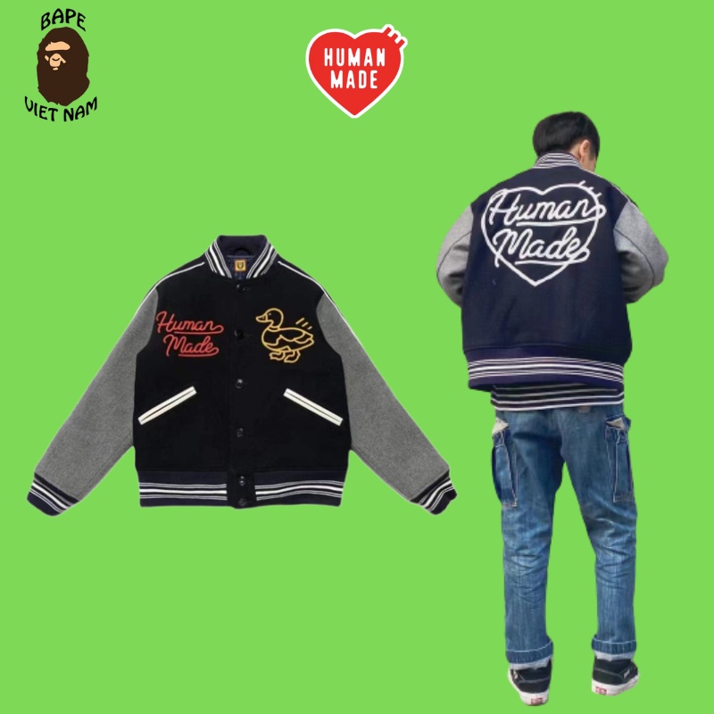 [Mirror Quality] Áo Khoác Human Made Varsity Jacket SS2022, Human Made Duck Jacket, Chất liệu Nỉ, Màu đen BapeVN