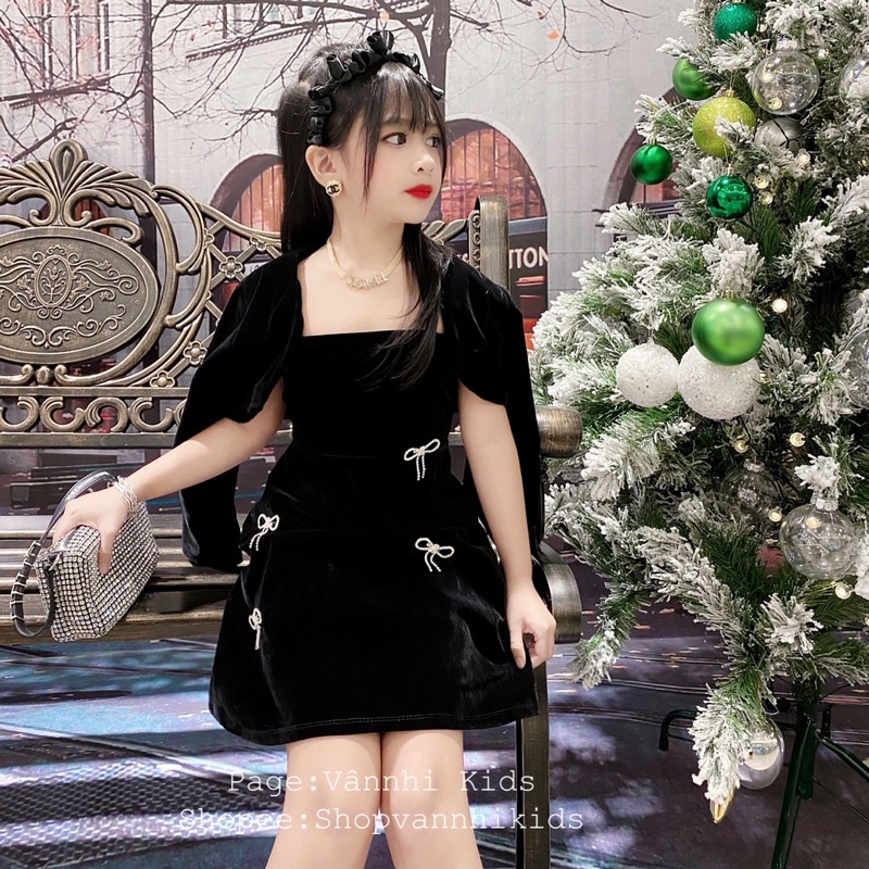 Set Váy Nhung Đính Đá Nơ Cho Bé 16kg-41kg