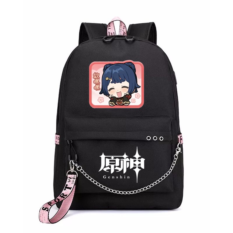 Balo thông minh đen in hình GENSHIN IMPACT ver CHỮ NHẬT CHIBI game anime chibi dễ thương cặp sách đi học
