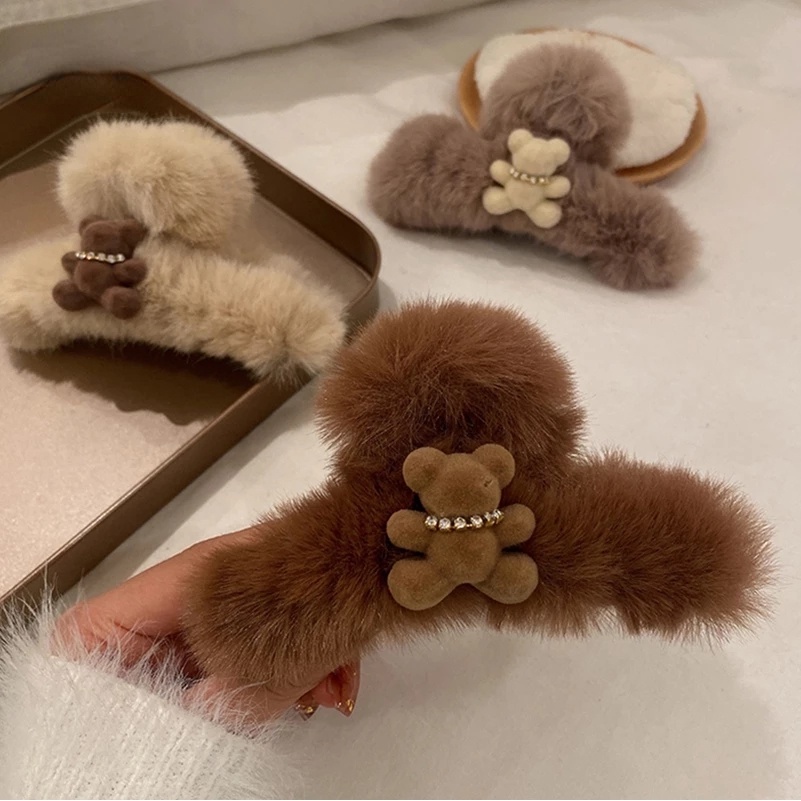 Kẹp Tóc Càng Cua Hình Chú Gấu Phủ Lông Dễ Thương Ngọt Ngào Thời Trang Mùa Đông Cho Nữ