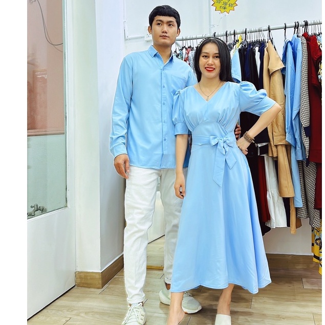 Đồ đôi nam nữ cao cấp gồm váy và áo sơ mi hình thật shop tự chụp