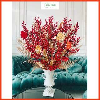 Cành đào đông đỏ cherry nổi bật trang trí nhà cửa, decor nhà hàng sang trọng đón Tết rước tài lộc phú quý Anhome DD-01