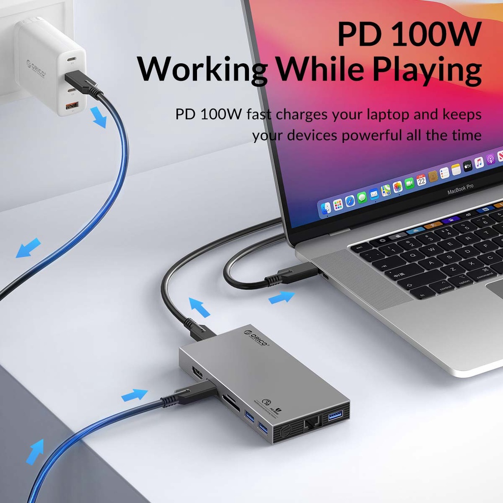 Trạm Sạc ORICO USB Type C Sang HDMI 4K60Hz PD100W USB3.0 10Gbps Cho MacBook Pro RJ45 OTG Thẻ SD (CDH-10H)