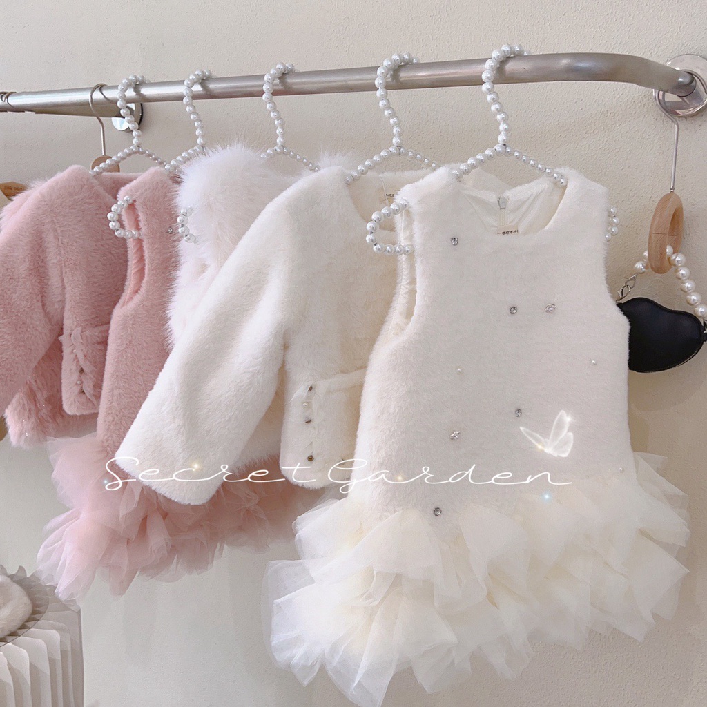 Bộ Áo Khoác Và Váy Không Tay Dạ Len Lông Thỏ Cao Cấp - Thời Trang Hàn Quốc Cho Bé Gái