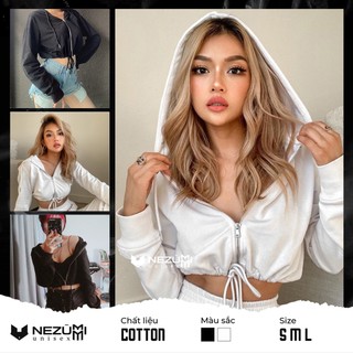 (Sẵn đen S M L) ÁO KHOÁC CROPTOP RÚT DÂY EO CÓ MŨ TRẮNG, ÁO TẬP NHẢY DANCE