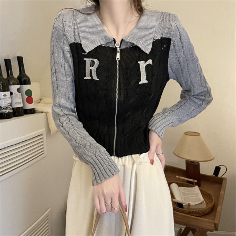 Áo khoác ZHELIHANGFEI tay dài cổ POLO có khóa kéo thời trang phong cách cho nữ