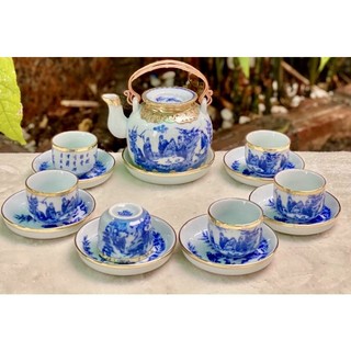 Bộ Ấm Chén Bát Tràng Trúc Lâm Thất Hiền Bọc Đồng