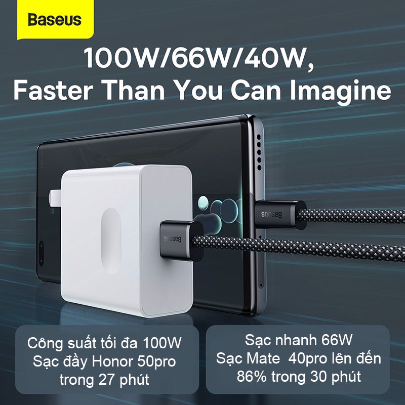 Dây Cáp Sạc Nhanh Baseus 100W 6A USB Type C - Dành Cho Samsung S22 S21 Ultra, Xiaomi - Chất Liệu Nylon Siêu Bền - Dài 1M