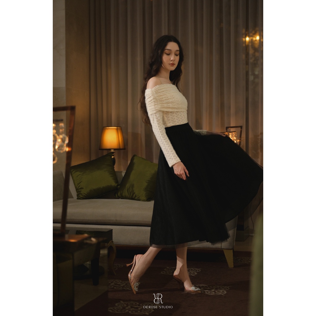 CHERRIE TOP - Áo hở vai trắng be tay dài ôm dáng