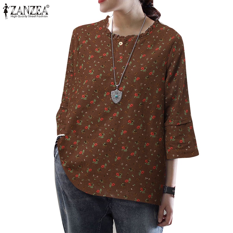 ZANZEA Áo Nữ Tay Dài Họa Tiết Hoa Thời Trang Phong Cách Hàn Quốc