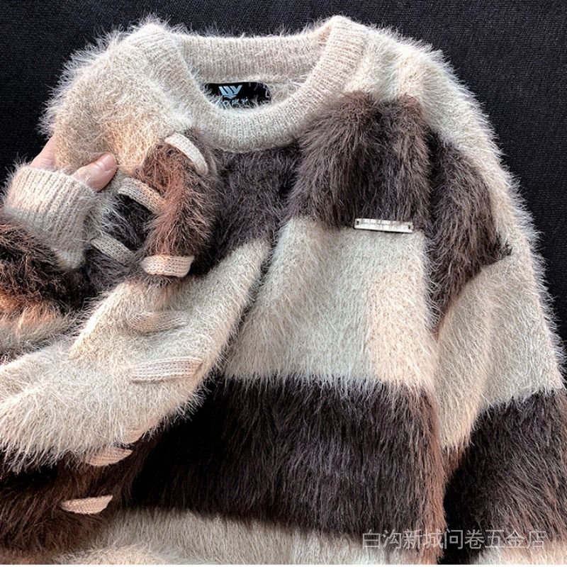 Zhuangji Áo Sweater Dệt Kim Tay Dài Cổ Tròn Thiết Kế Kẻ Sọc Phong Cách Nhật Bản Hàn Quốc Cho Nam Và Nữ