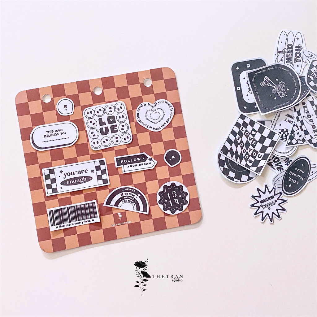 Bộ 27 sticker cute họa tiết bàn cờ caro trắng đen / checkerboard sticker pack / thetranstudio