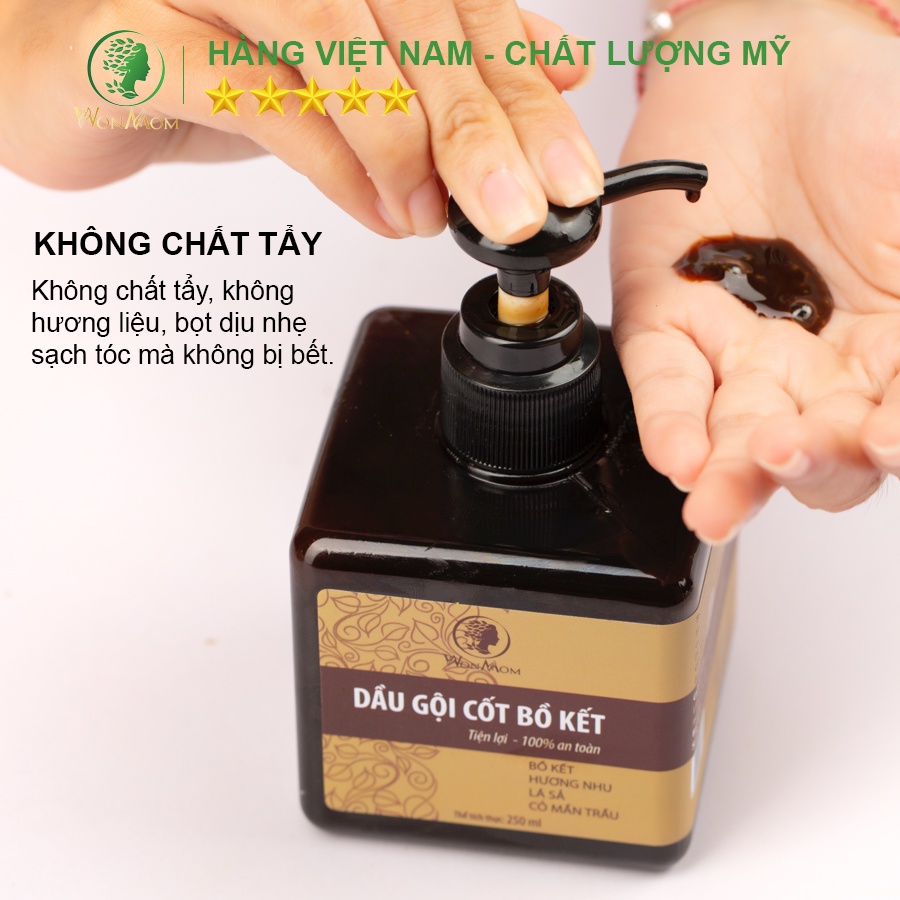 [ Giảm 35K - Đơn 339K ] Dầu Gội Cốt Bồ Kết Sạch Gàu, Nuôi Dưỡng Tóc Đen Mượt Wonmom 250ml