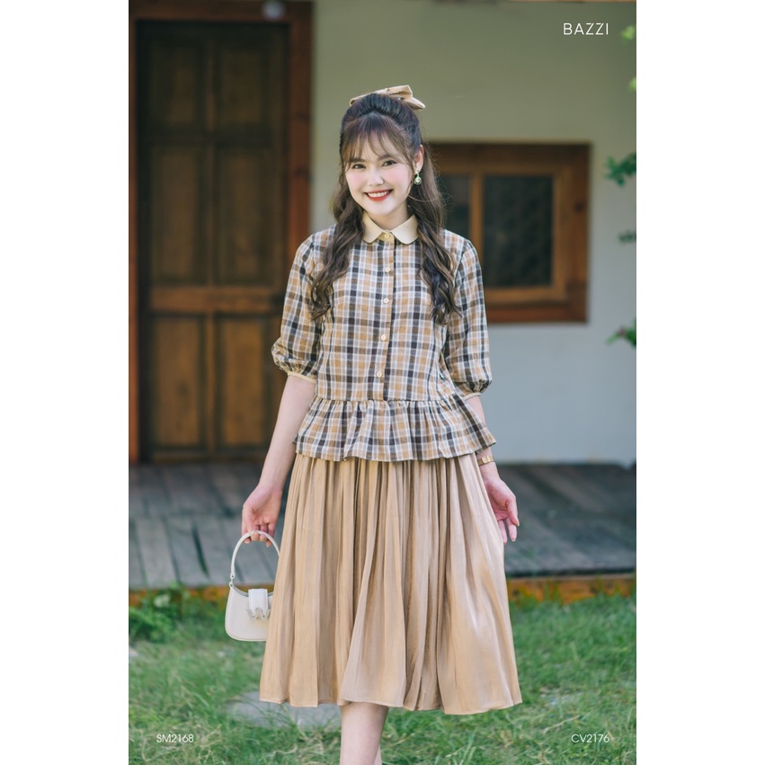 Áo sơ mi nữ peplum caro nâu thiết kế Bazzi - ẢNH THẬT TỰ CHỤP