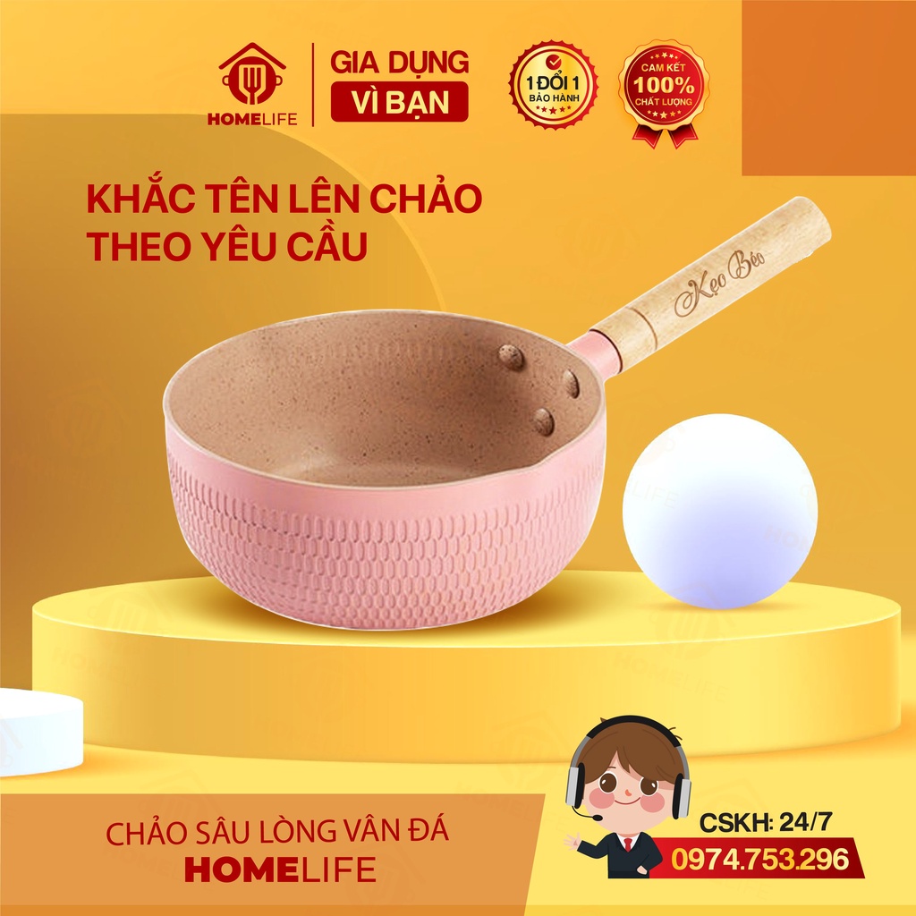 Chảo chống dính bếp từ HOMELIFE tay cầm gỗ KHẮC TÊN Chảo đá sâu lòng chống dính quánh 18cm dùng được cho các bếp