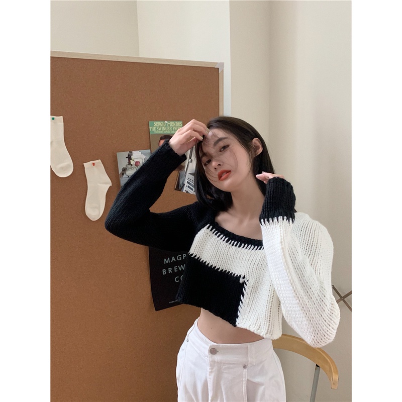 Áo croptop ZHELIHANGFEI dệt kim tay dài cổ vuông eo cao thiết kế quyến rũ cho nữ