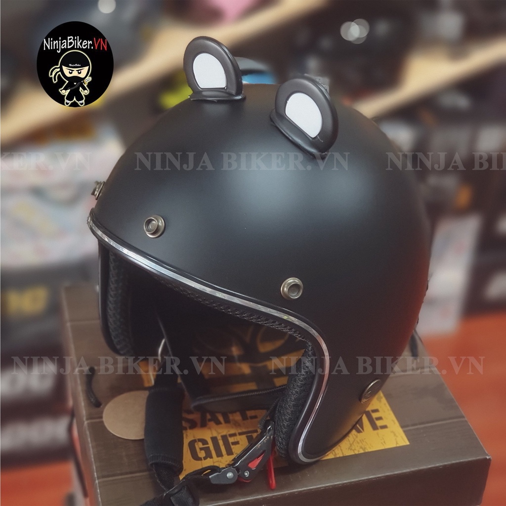 Mũ bảo hiểm 3/4 đen full gắn tai gấu 2 màu đen-trắng - phụ kiện trang trí nón vui nhộn