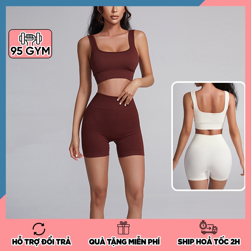 SET bộ đồ tập gym yoga nữ dáng đù 95Gym SET35 gồm áo bra có mút ngực và quần đùi short cạp cao chất thun dệt gân