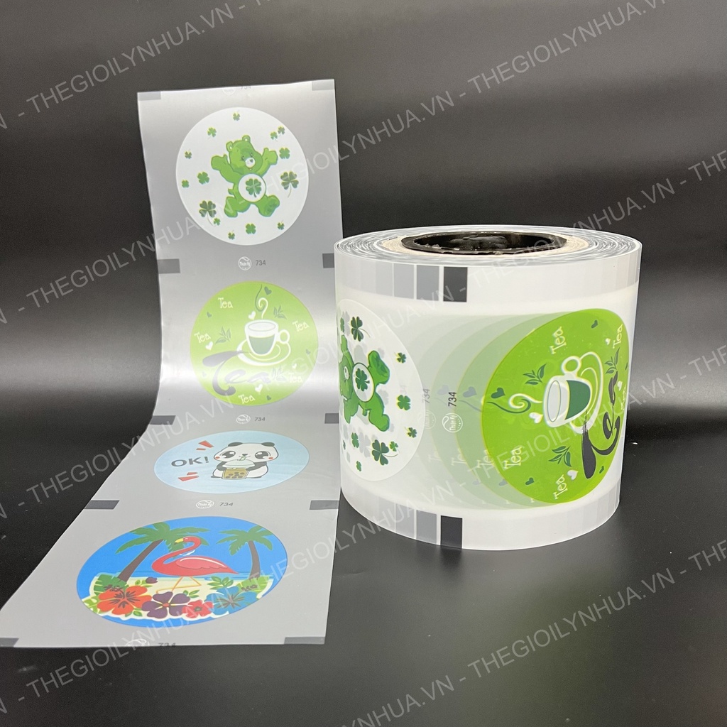 Màng dập cốc, cuộn màng mờ dập nắp cốc in sẵn, màng trắng đục dập các loại ly PP đựng trà sữa mã 734A