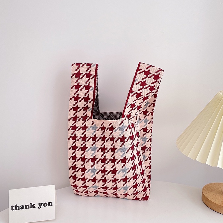 Túi Đeo Vai Đan Len Họa Tiết Sọc Caro Thời Trang Cho Nữ