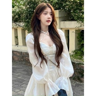 Đầm xoè tơ phối nơ cổ tay dài hình sàn thật
