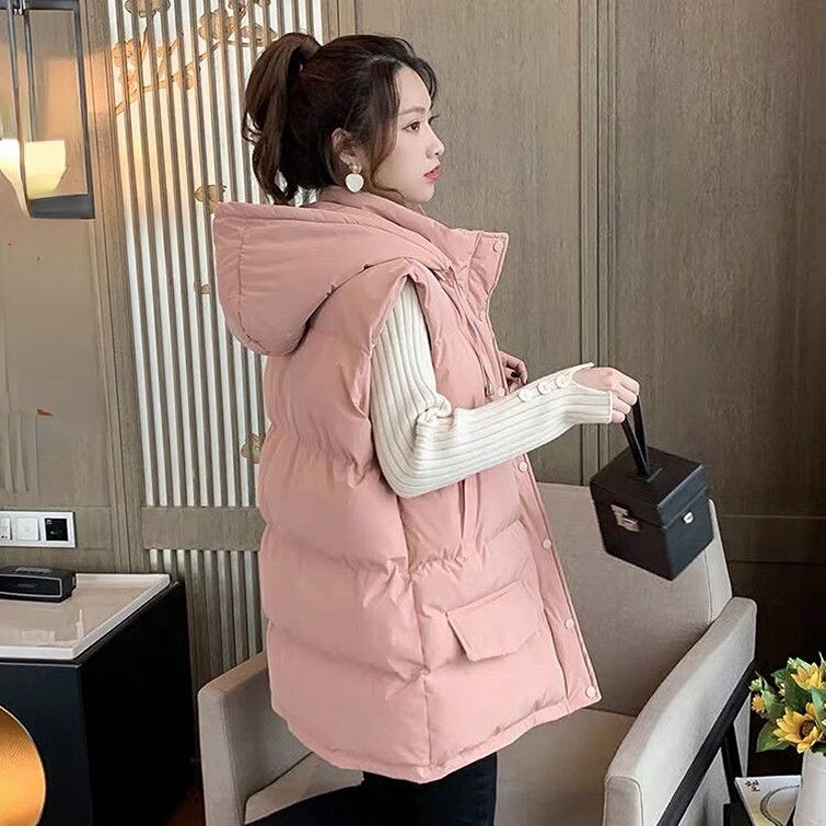 Áo Khoác Cotton Dày Không Tay Có Nón Tháo Rời Được Màu Trơn Thời Trang Thu Đông Cho Nữ