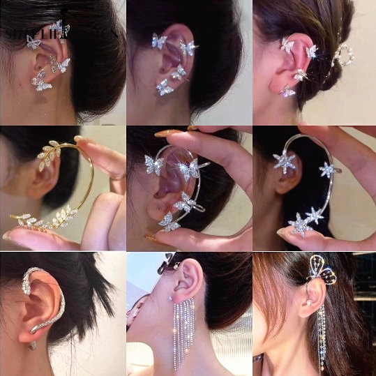Khuyên Kẹp Vành Tai Đơn Hình Bướm / Bông Tuyết / Lá Tua Rua Bằng Kim Loại Màu Vàng / Bạc Lấp Lánh Thời