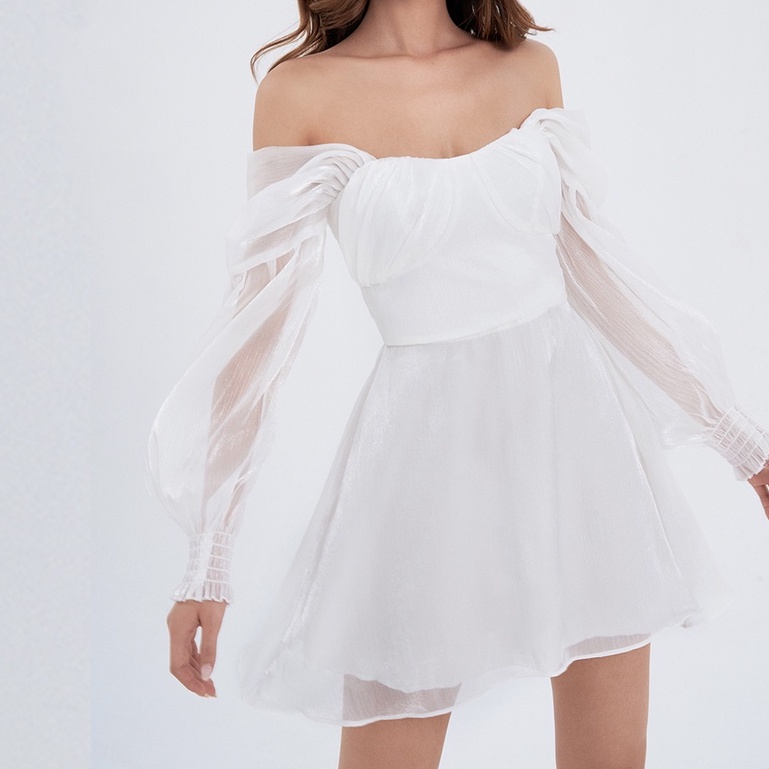 Đầm xoè voan SheByShj trễ vai tay dài phồng màu trắng - Fairy Dress
