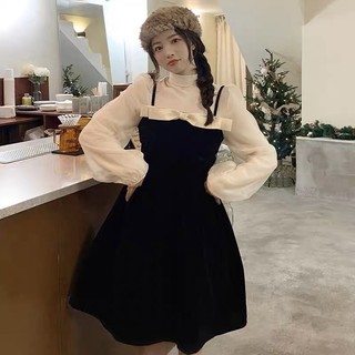 Set đầm nhung xoè công chúa 2s /Váy ulzzang tiểu thư áo nhũ mỏng lót lấp lánh bèo váy yếm basic Hàn Quốc big size