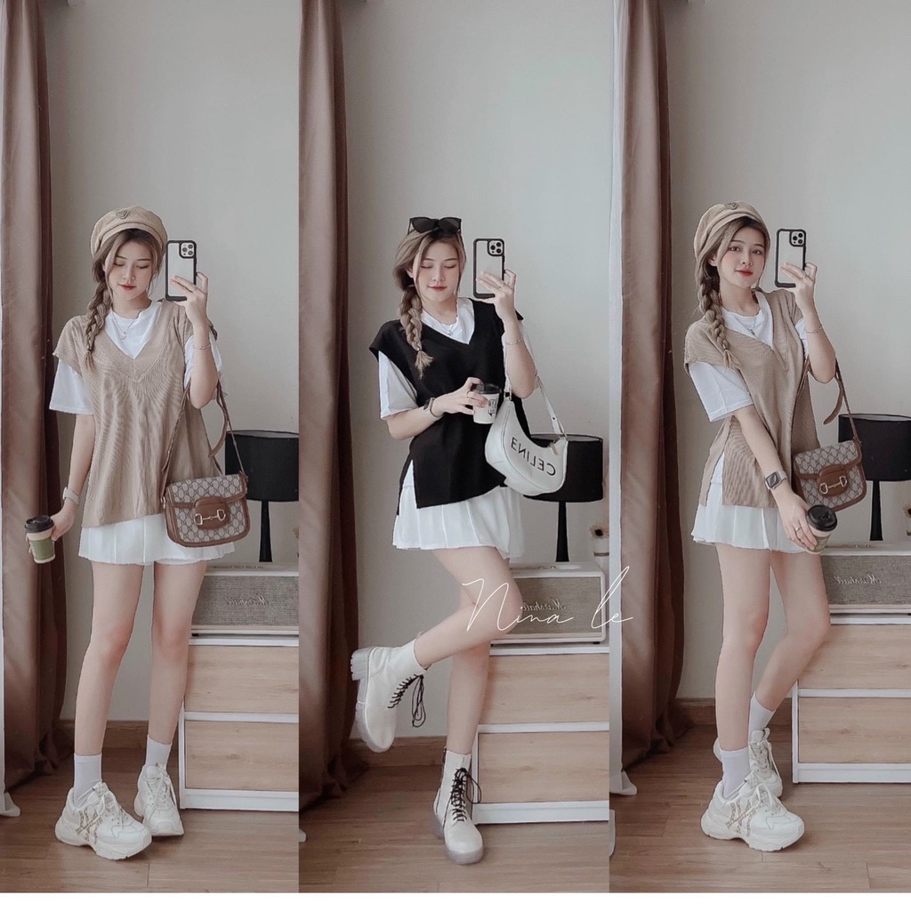 Sét váy thời trang nữ mặc đi chơi chất tuyết mưa tay ngắn cổ tròn xếp ly kèm áo khoác gile gân dễ thương